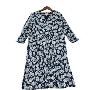 J. Jill Navy Floral Knit Dress Relaxed Fit 3/4 Sleeves Pockets Stretch M Tall